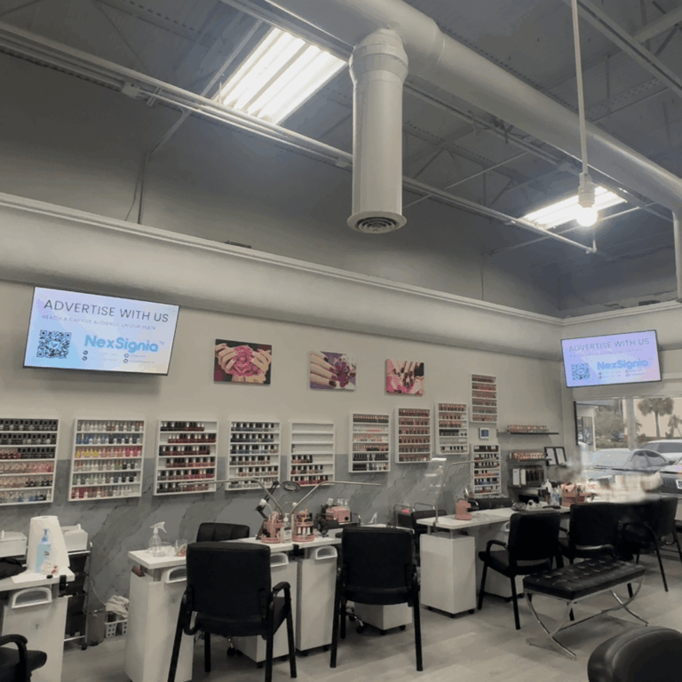 Local business advertising screen inside a premium beauty salon